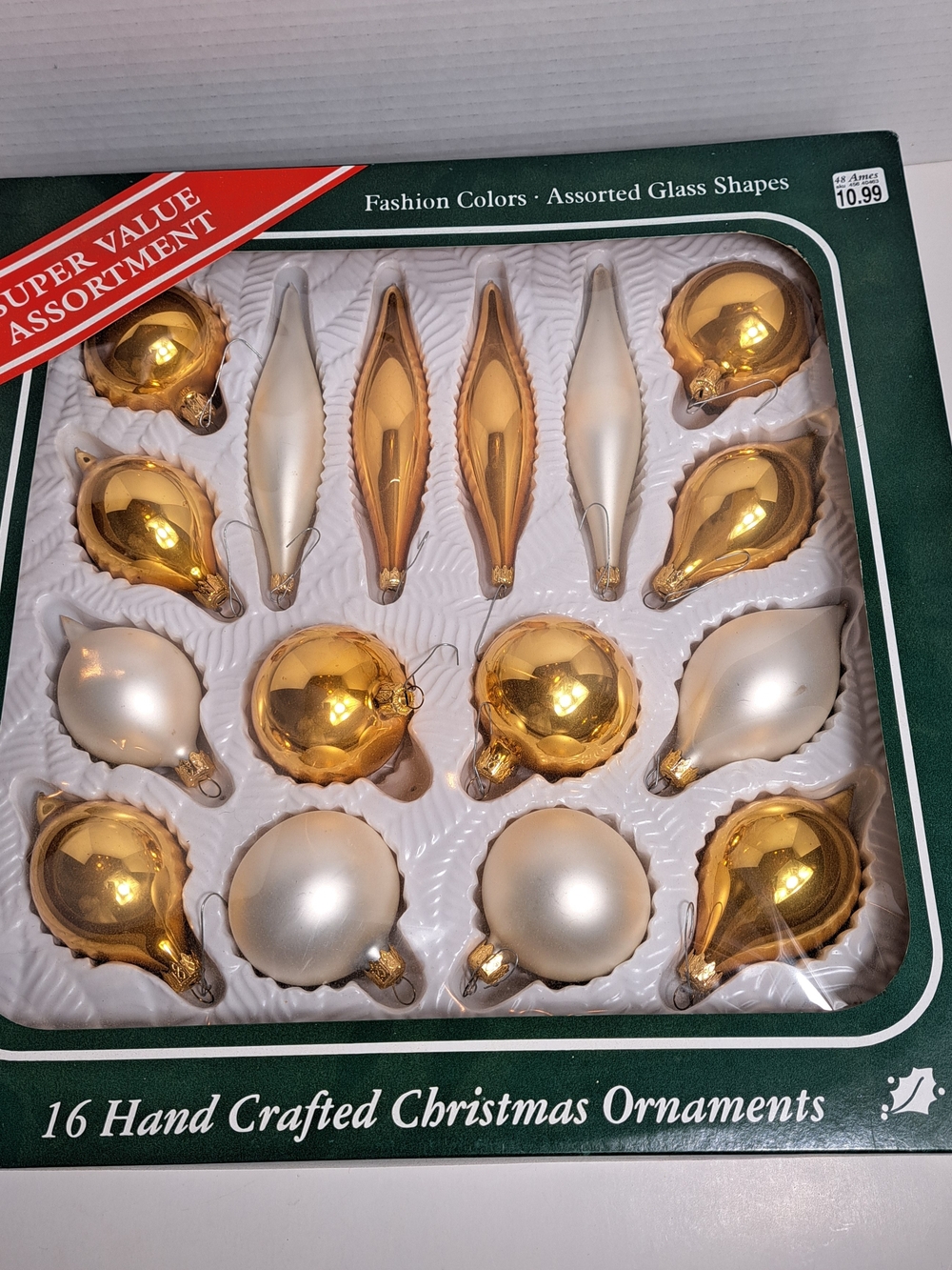 Vintage Bradford Novelty Christmas Glass Ornaments Set of 16 in Gold & White